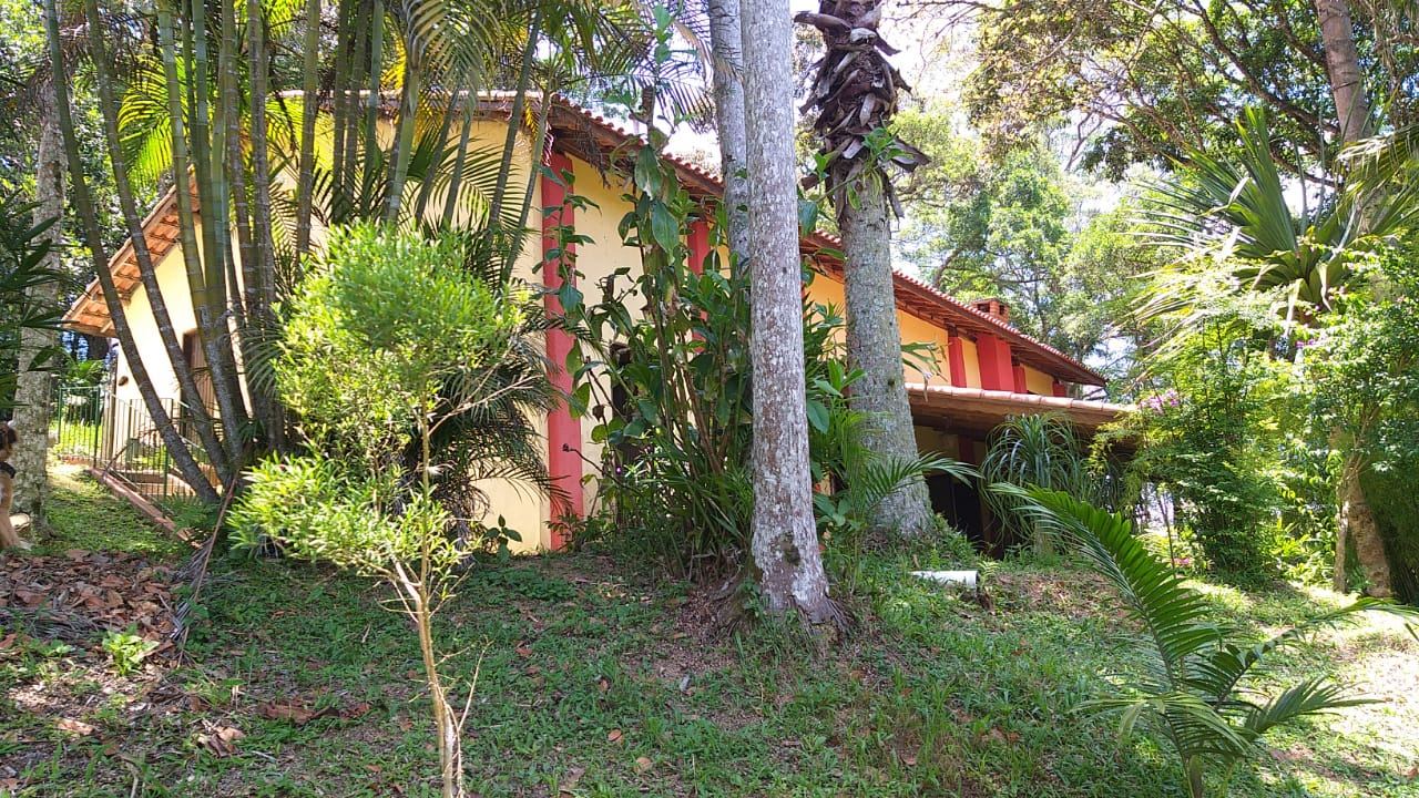 Casa com telhado alaranjado entre palmeiras e vegetação